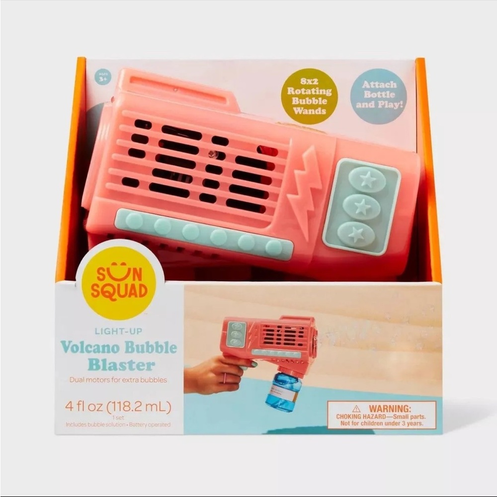 NWB Sun Squad Light-Up Volcano Bubble Blaster + Bubble Solution - Pink and Blue